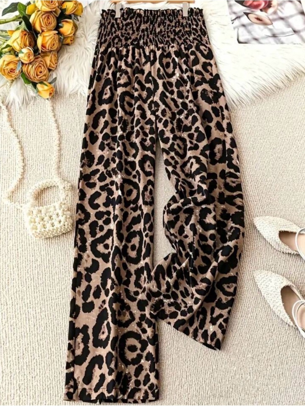 Leopard Print Wide-Leg Pants - Brown